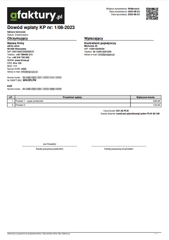 KP-Zahlungsbeleg — Beispiel eines PDF-Ausdrucks