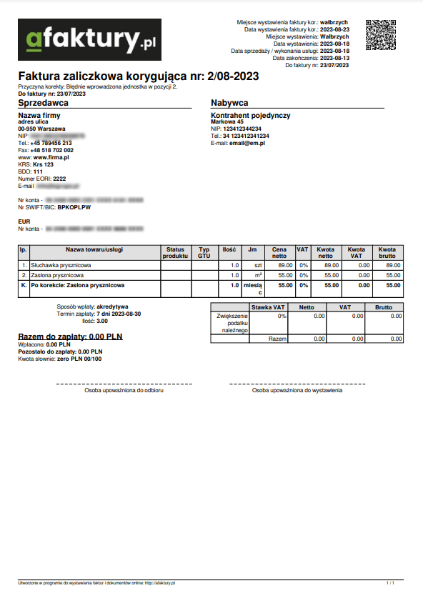 Korrektur der Anzahlungsrechnung - Beispiel eines PDF-Ausdrucks