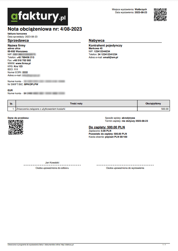 Belastungsanzeige — Beispiel eines PDF-Ausdrucks