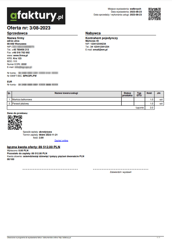 Beispiel eines Handelsangebots als PDF-Ausdruck