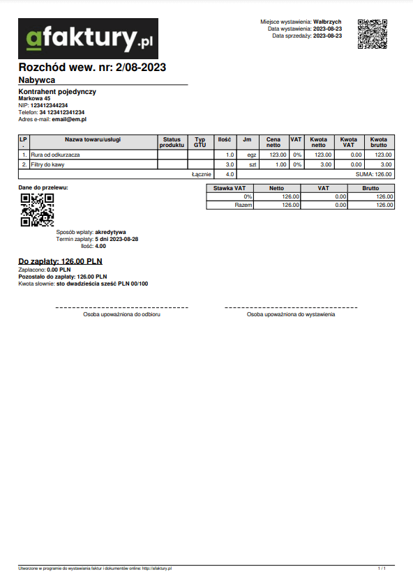 Interner Abgang – Beispiel eines PDF-Ausdrucks