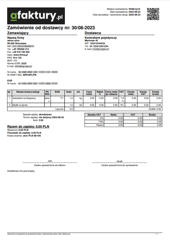 Beispiel für den PDF-Ausdruck einer Lieferantenbestellung