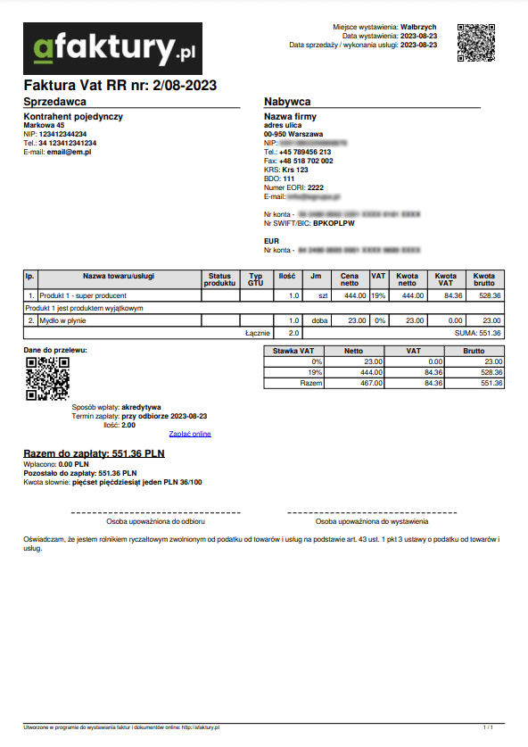 Example RR invoice PDF printout