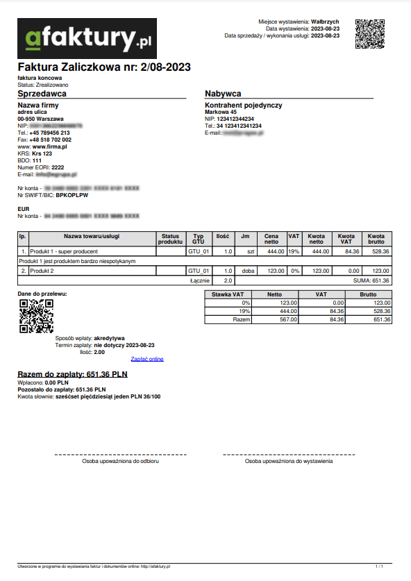Advance invoice PDF example