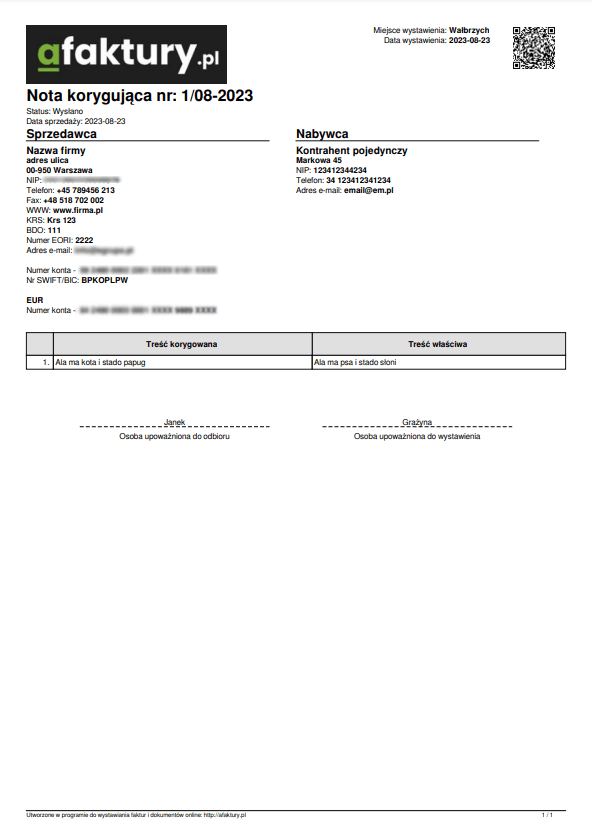 Corrective note — sample PDF printout