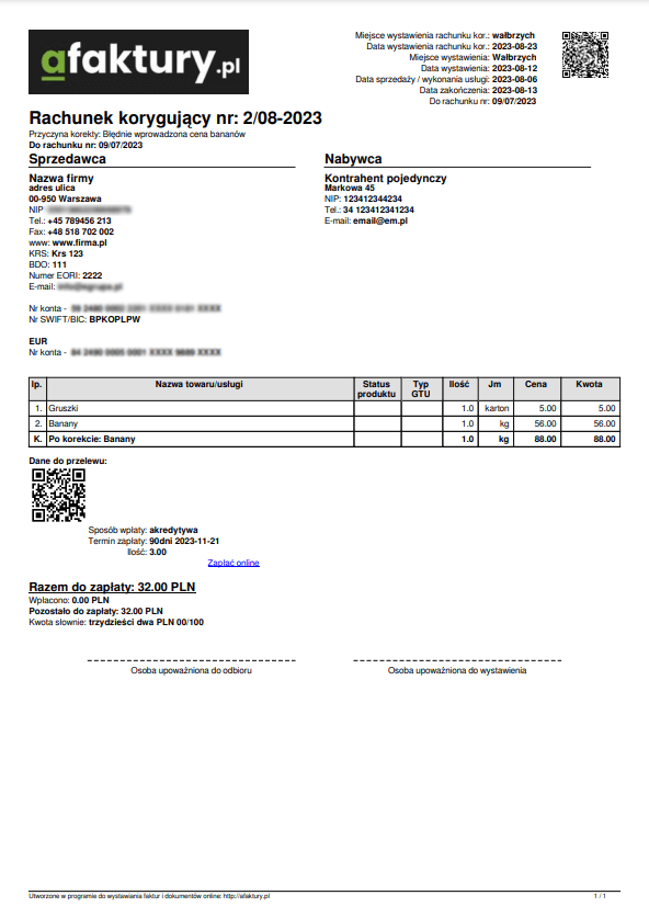 Corrective bill - PDF printout example