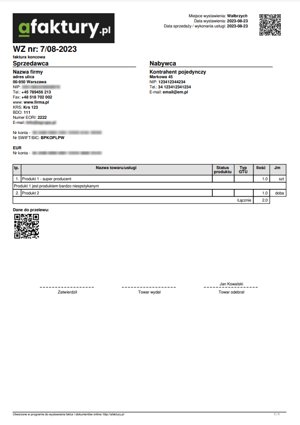 Goods Issued Note - PDF printout example