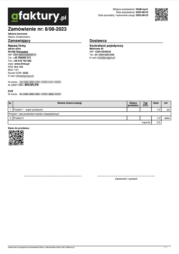Example PDF order printout
