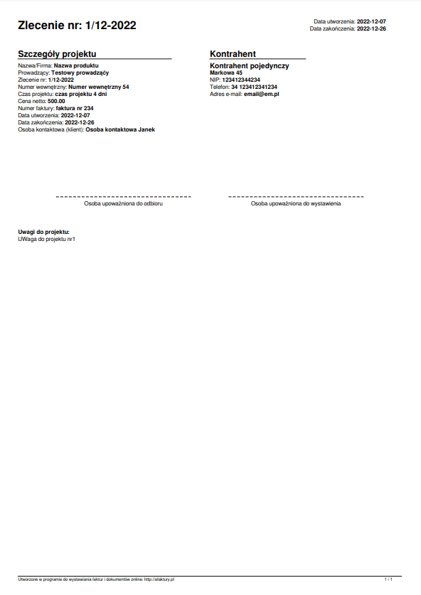 Job order – PDF printout example
