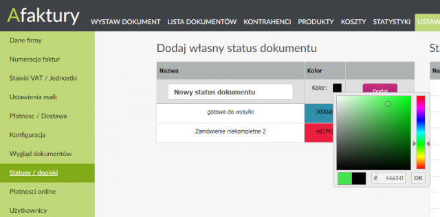 Kolor statusu w ustawieniach afaktury.pl