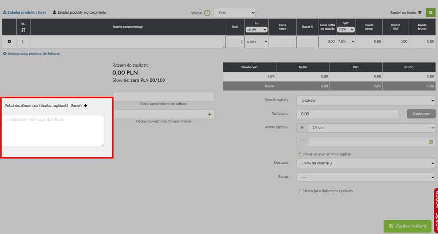 dodatkowa informacja na fakturze