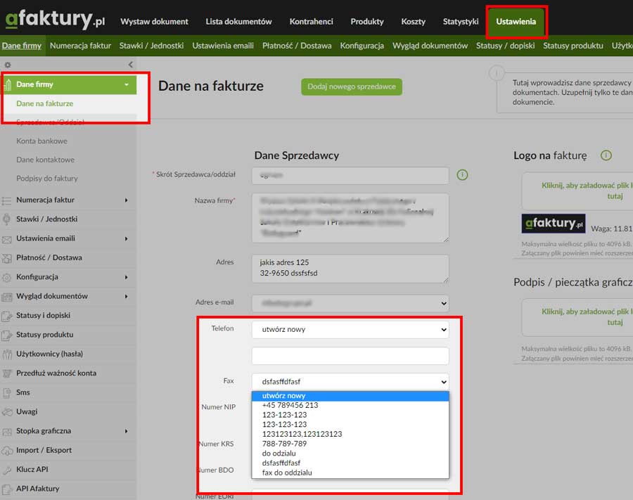 numer telefony na fakturze