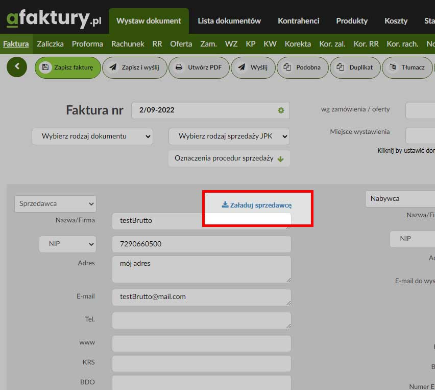 sprzedawca na fakturze